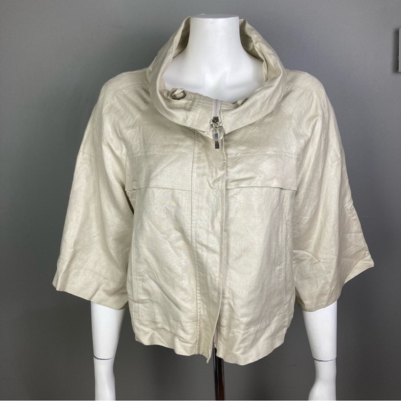 Sandro linen jacket size large neutral boxy spring nautical minimal relaxed crop - Picture 2 of 9